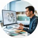 Progettista al computer con modello tridimensionale di una cucina su misura