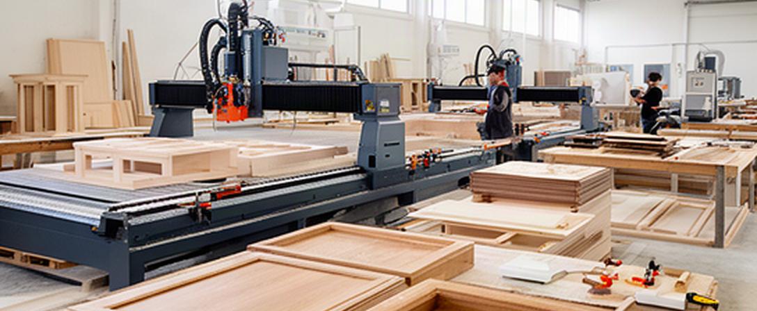 Reparto produttivo di cucine italiane nello stabilimento di Assèmini, con macchinari CNC e pannelli in legno pronti per la lavorazione