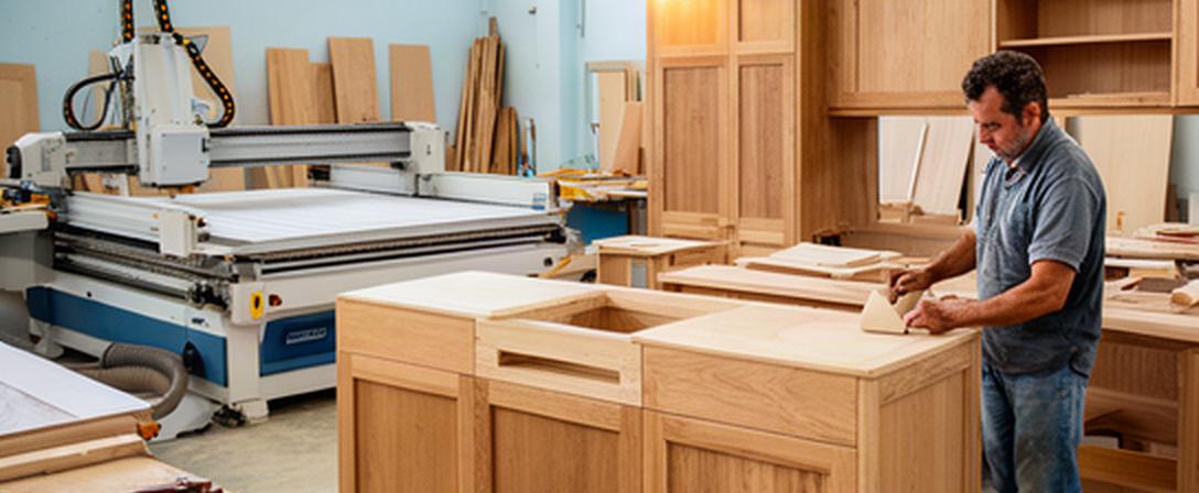 Ebanista al lavoro nello stabilimento di Assèmini, accanto a una cucina in legno durante la fase di finitura