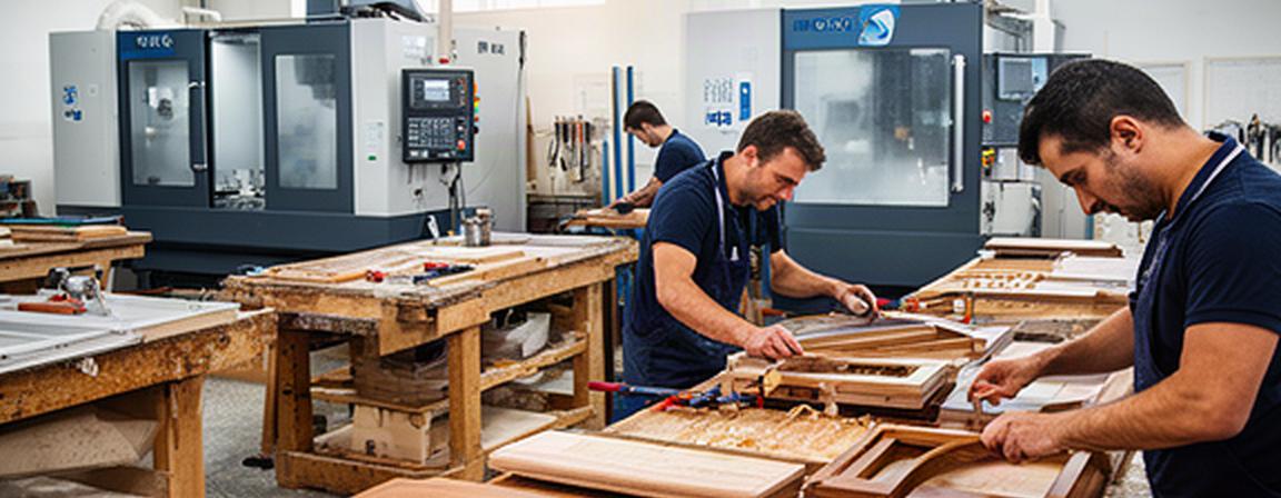 Artigiani al lavoro nello stabilimento di Assèmini tra banchi in legno massello e macchinari CNC moderni