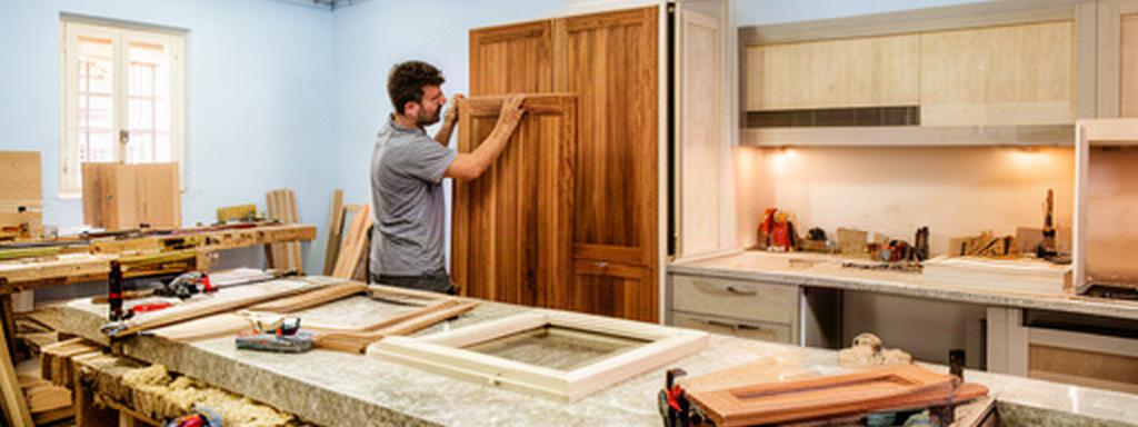 Laboratorio sardo di produzione di una cucina italiana con ante in legno e piano di lavoro in pietra
