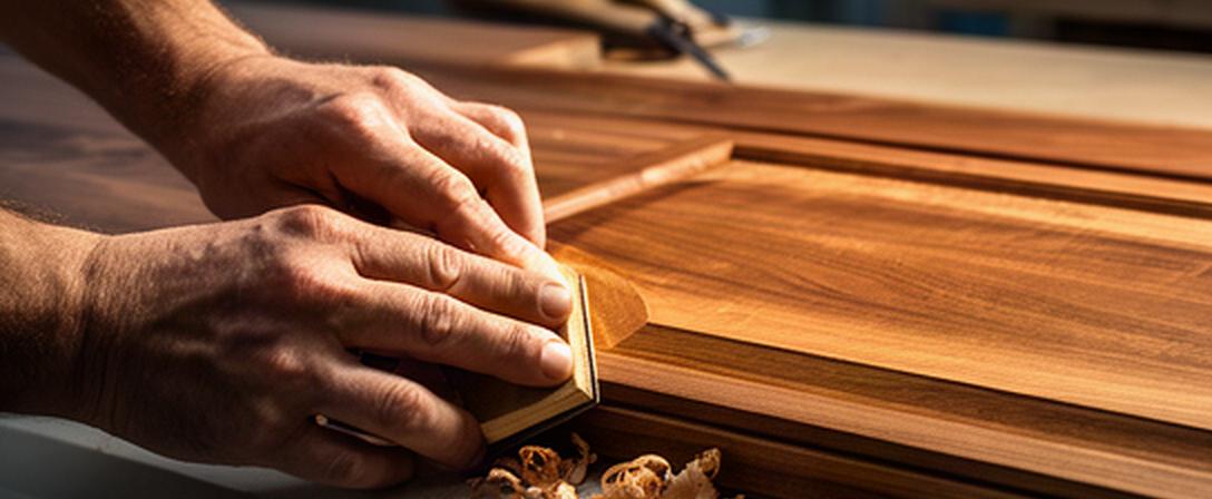 Dettaglio di mani artigiane che rifiniscono un frontale in legno di castagno nello stabilimento sardo